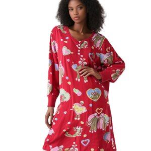 Nick & Nora 100% Cotton Sock Monkey & Hearts Valentines 5 Button Nightgown Sz XL